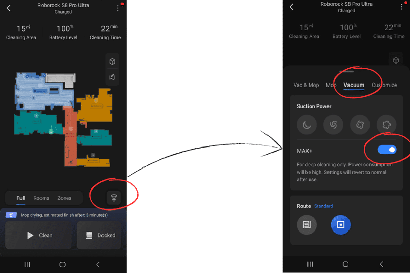 Max+ cleaning setting on the Roborock app